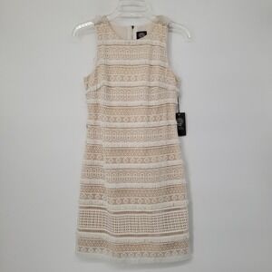 Vince Camuto "Ivy" Cream/Tan Geometric Lace Fringe Shift Dress NWT